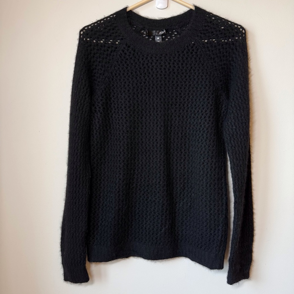 Aqua cashmere sweater open knit crew neck long sleeve black. Layering piece